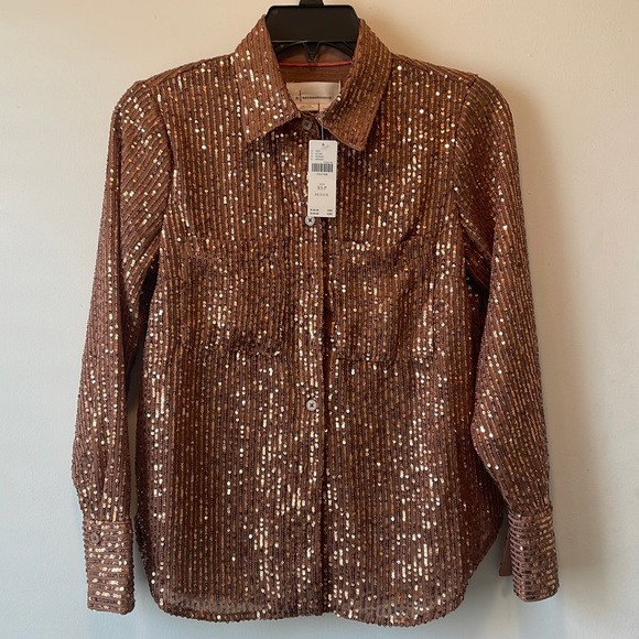 Anthropologie Bronze Sequin Blouse $130 Top XS Small Petite L/S Button Down NWT - Picture 4 of 12